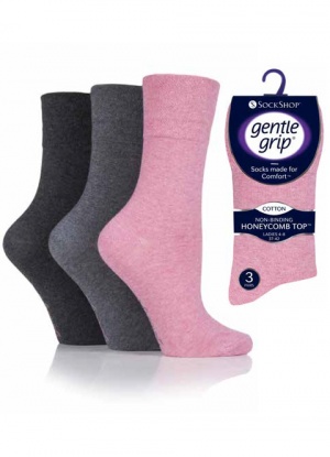 3 pair pack Gentle Grip Socks in Pink, Charcoal, Grey